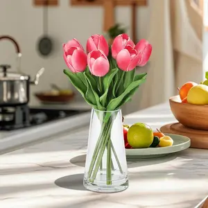 GAOMON Tulips Artificial Flowers in Glass Vase,Real Touch Fake Tulips with Faux Water for Home Decor,Dining Table Centerpiece (Rose Red) Plastic Silk