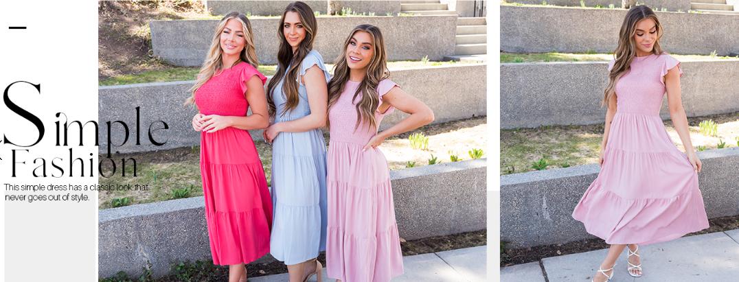 ZESICA Women's 2026 Summer Casual Flutter Short Sleeve Crew Neck Smocked Elastic Waist Tiered Midi Dress