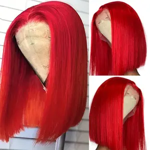 gk 13X4 Straight HD Transparent Red Human Hair Bob Wig, Lace Front Glueless Wear-and-Go Wig with Pre-Plucked Pre-Cut Blunt Cut & Baby Hair for Women