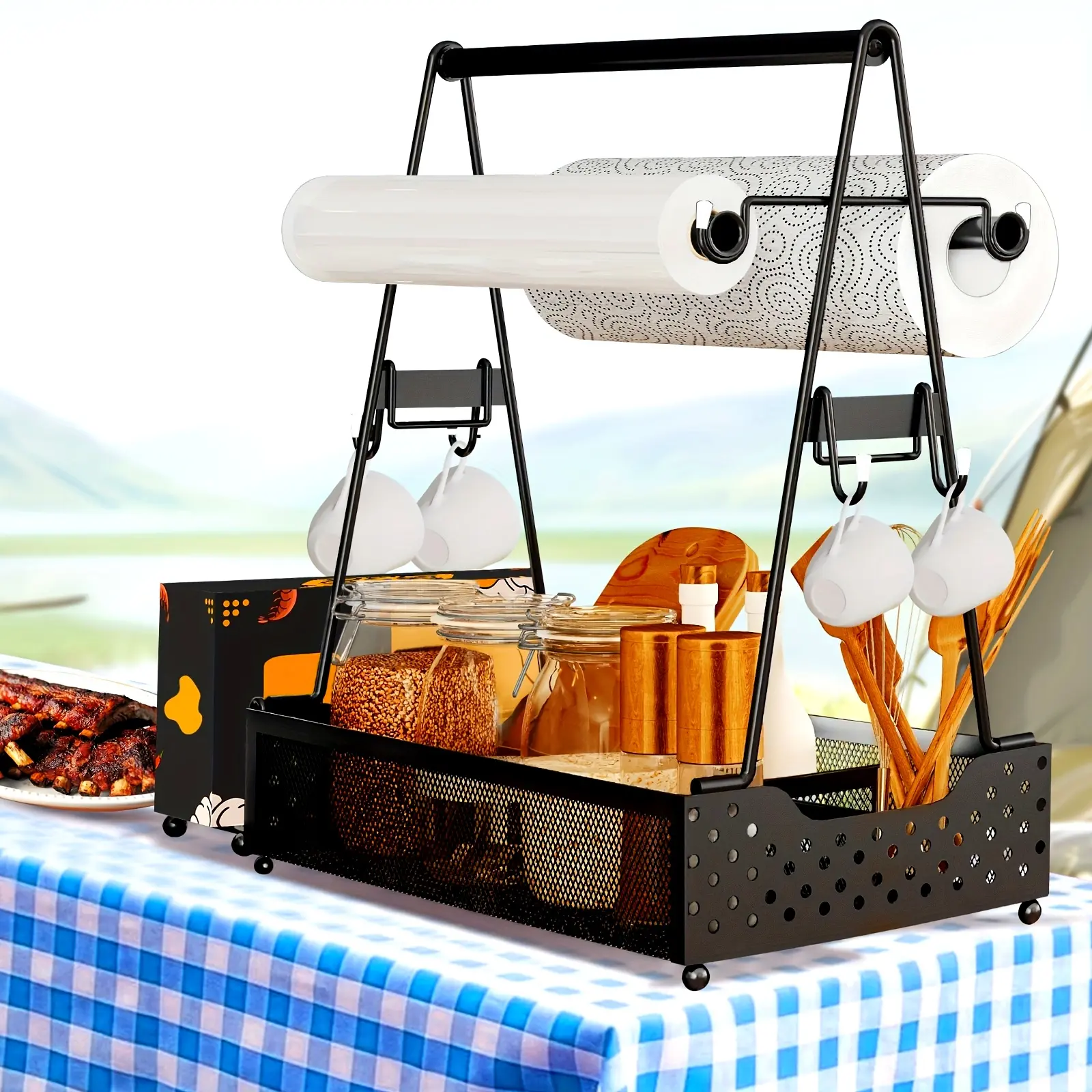 Large Grill Utensil Organizer with Four Hooks And Two Paper Towel Holders - Ideal for Camping, Picnics, And Outdoor Barbecues - BBQ Tools And Kitchen Storage Solutions