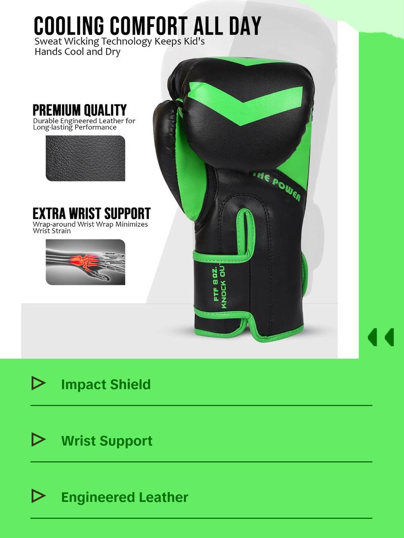 Exxact Sports Knockout Youth Boxing Gloves for Kids (3-15 Years) with Padded Protection and Wrist Support, Durable Engineered Leather Kids Boxing Gloves for Sparring (Black/Green)