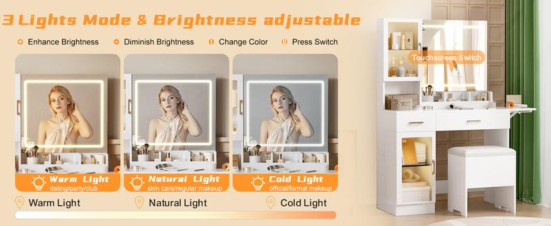 【Valentine's Day gift】Makeup Vanity Mirror with Light, Large Women Vanity Desk with Touch Screen Mirror Lights & Power Outlet, 4 Cabinet, 2 Shelves & 5 Drawers for Bedroom,[Gift Idea]