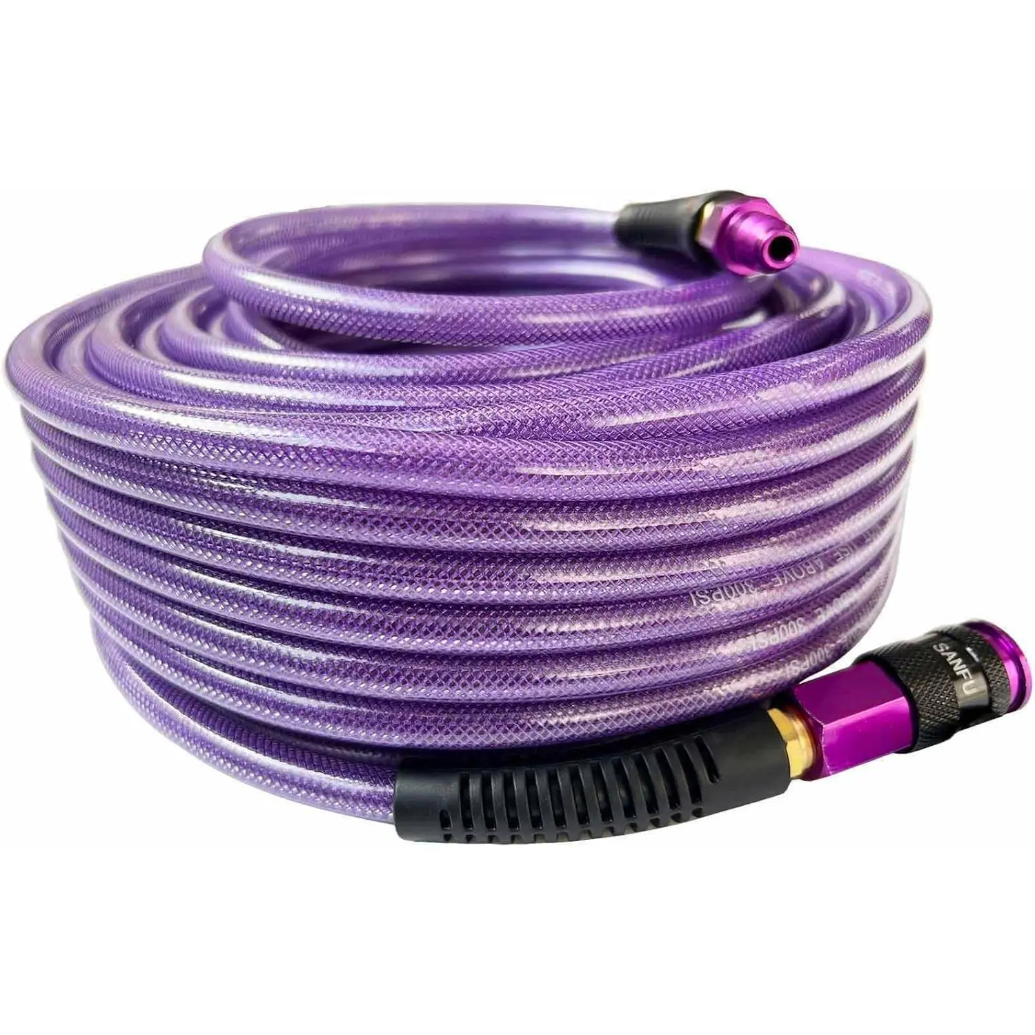Synthetic PU Reinforced Hose, 1/4-Inch x 100ft High Pressure 300PSI Polyurethane Air Hose for Industrial Users, Lightweight Anti-Low Temperature, 1/4 Swivel Industrial Quick Coupler, Plug, Bend Restrictor, Purple