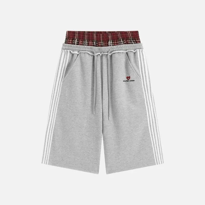Aelfric Eden Double Waist Plaid Patchwork Longline Shorts High Waist Double Waistband Design Side Stripe Detail  Soft  Fabric Retro Sporty Streetwear Unisex Bottoms