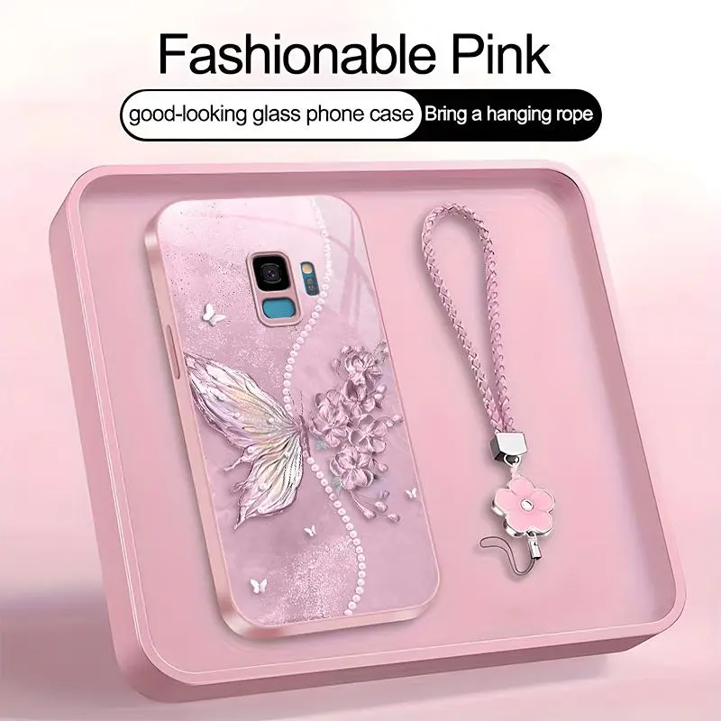 Suitable for [Galaxy S9] high-end phone case，a beautiful four-leaf clover lanyard is included,exquisite and dreamy butterfly pattern,a variety of colors are available for you to choose from YM99