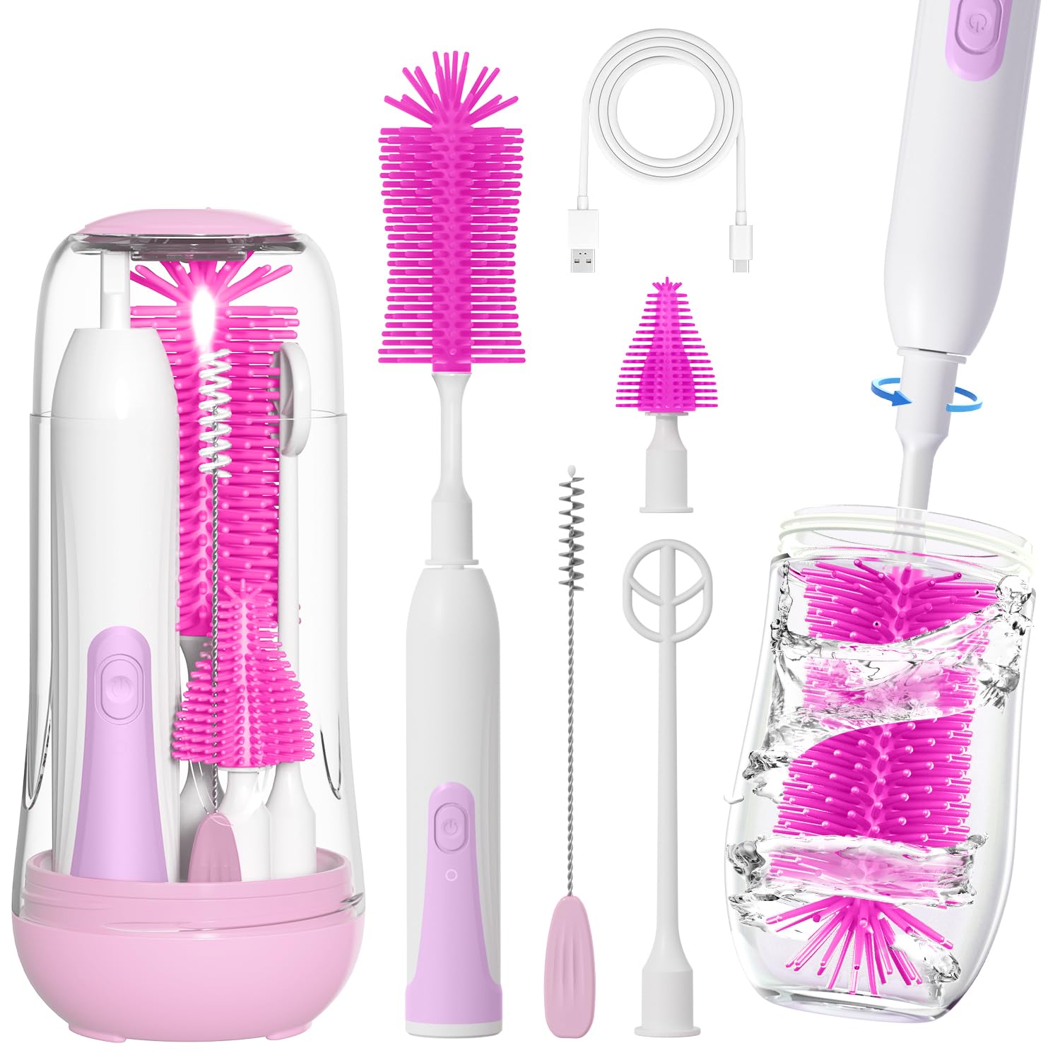 Electric Bottle Brush Set - 2 Modes & 360° Rotation, Waterproof Bless Bottle Baby Bottle Cleaner with Silicone Brushes, scrubbing Fit for tippee, dr brown sippy cup, milk spray baby, baby formula, baby sanitizer spray Smart
