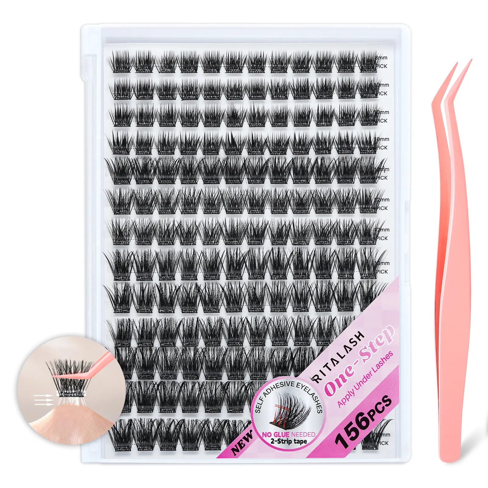 RITALASH D Curl Self-Adhesive Lash Clusters (156 Pcs), No Glue Needed, Invisible 2-Strip Tape, Longer-Lasting, No Sticky Residue, Pre-Glued Lashes with Anti-Stick Tweezers for Easy Control by Beginners, Makeup Eyelash Accessory, Nature, Cluster Lashes