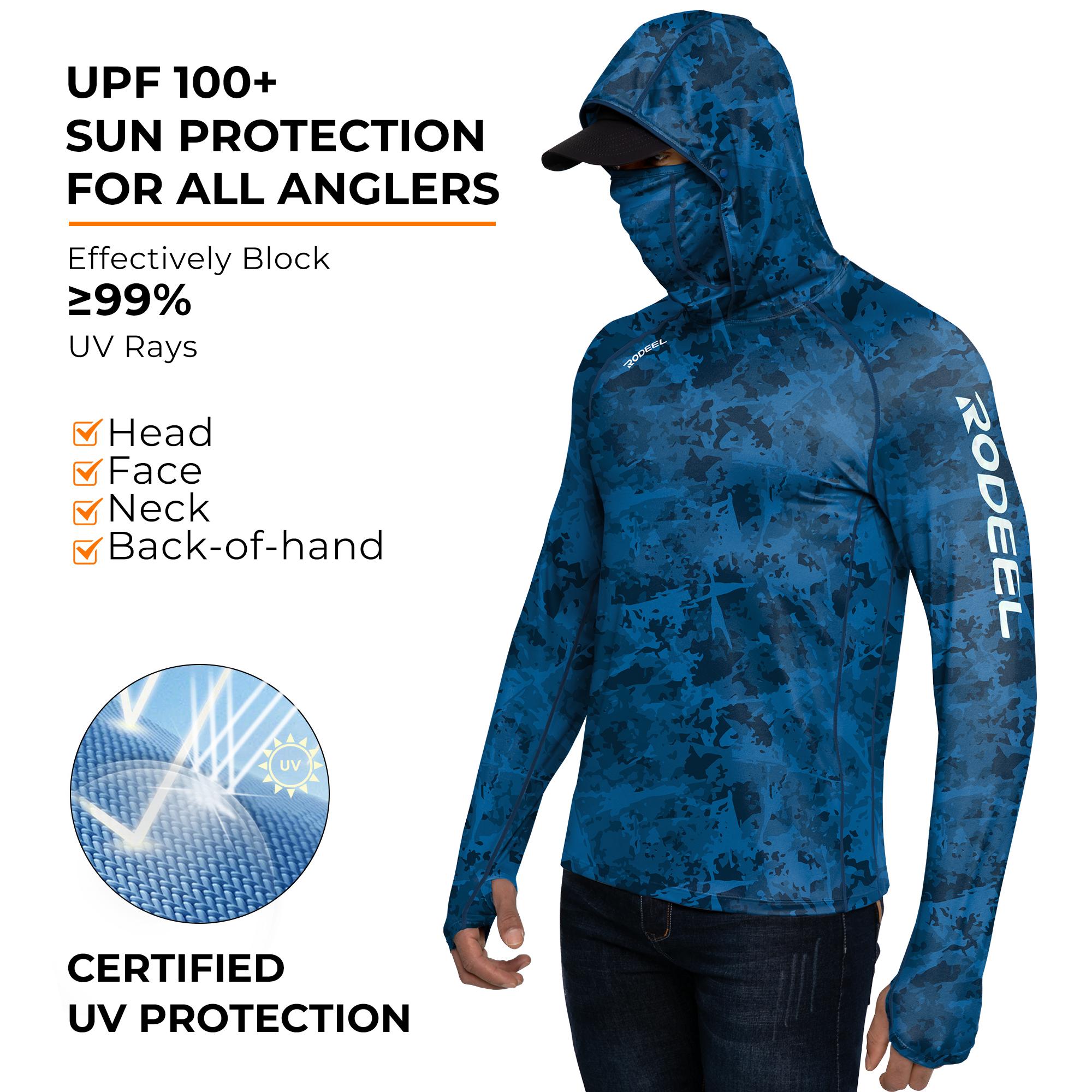 【RODEEL】934 Sun Hoodie Shirts w/ UV Detection Logo Mask Neck Gaiter Thumbhole Men UPF 100+ Sun Protection Long Sleeve Lightweight Quick Dry Moisture Wicking Breathable Cooling Athletic Activewear for Outdoor Sports Fishing Boating Construction Roofing