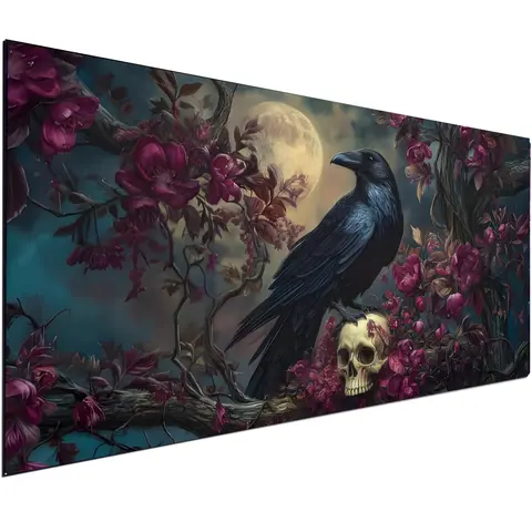 32x16 in Gothic Skull Raven Diamond Painting Kit for Adults - Acrylic Full Round Mosaic, 1x Diamond Pen, Hobbies Kit Adults, Office Stress Relief, Home Decor DIY Handicraft with Relaxation & Rejuvenation Benefits