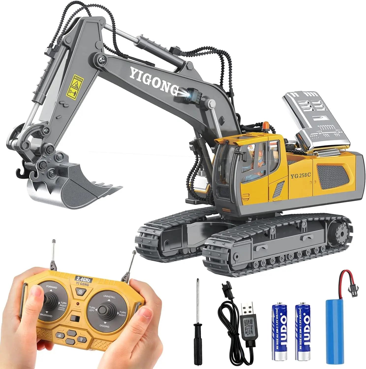 Remote Control Excavator Toy,2.4Ghz RC Play Excavator, RC Excavator Toy with Shovel & Lights,RC Construction Vehicles Hydraulic Haulers Digger Toys,Gift for Boys and Girls,Suitable for Children Aged 3 and Up