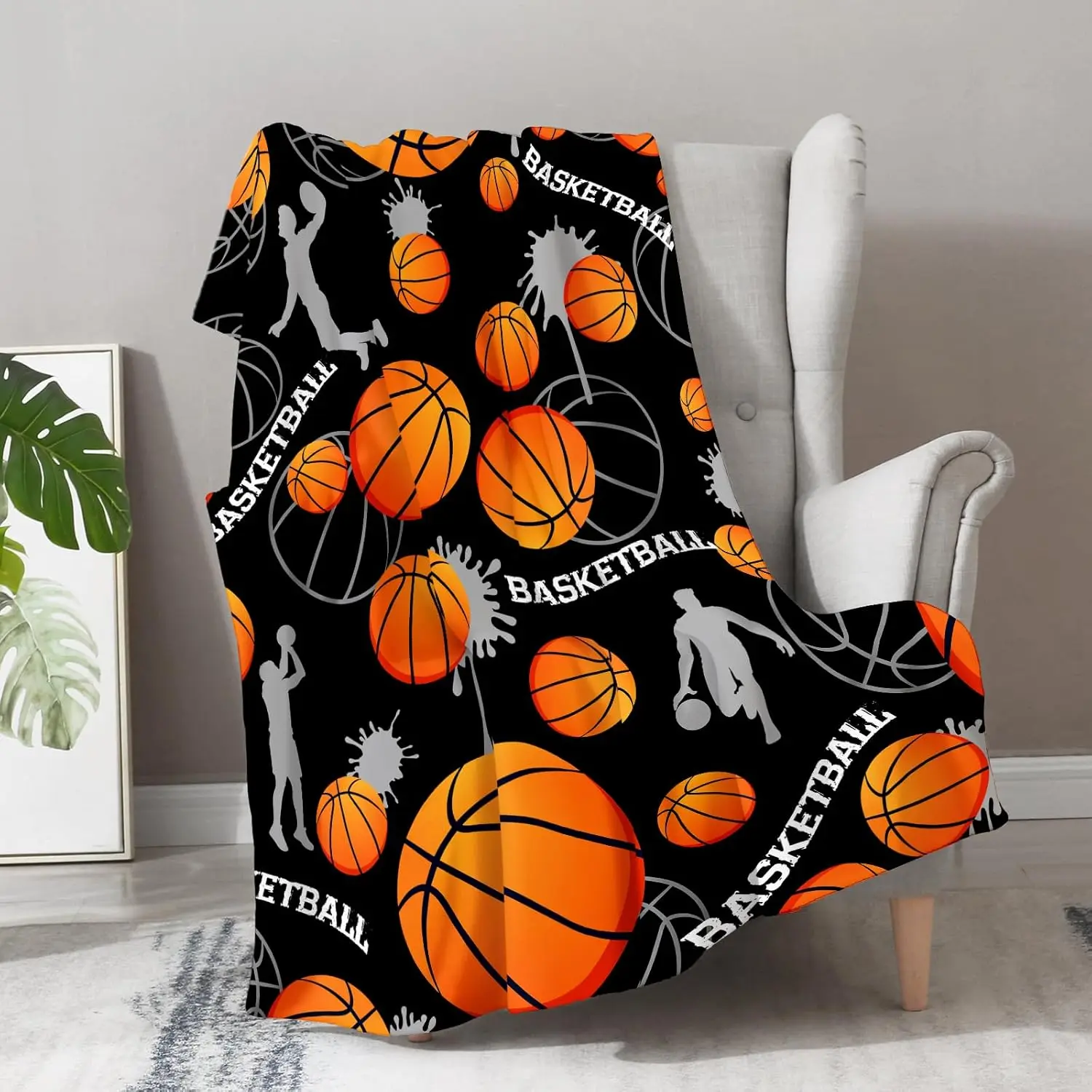 Super Soft Plush Classic Basketball Print Throw Blanket - Cozy Bedding for Living Room, Machine Washable, Perfect Gift for Sport Lovers