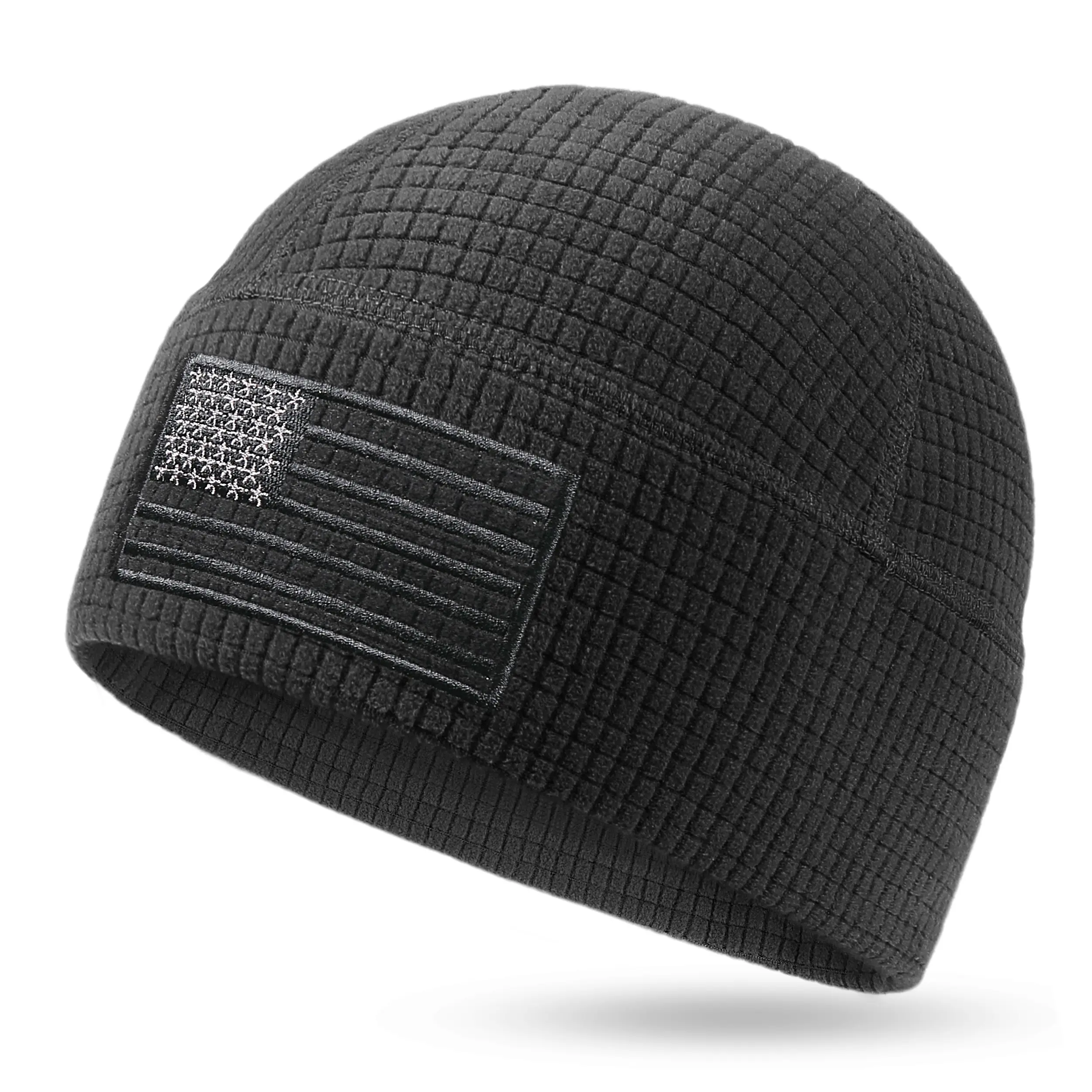 OUTDOOR SHAPING American Flag Waffle Grid Fleece Beanie - Soft, Lightweight Fashion Skull Cap, Outdoor Hat, Running Workout Hat for Running, Hiking Sports Headwear, Outdoor Hats