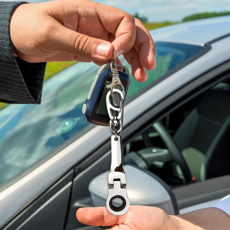 VAYWET 10mm Socket Ratchet Wrench Keychain Mini Shaped Metal Alloy Racing 180° Flex Head Functional Spanner Key Chain Ring Keyring Adjustable Wrench Tools, Gift For Specific 72-Tooth Mechanic (Neo Chrome Plating / Black / Silver)