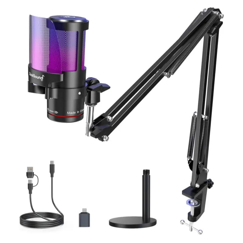 ZealSound Wired Gaming USB Condenser Microphone - Noise Cancellation, RGB Light, Touch Mute, Gain, Monitoring Button, Cord for Streaming Setup, Audios for Edit, Musicians; PS4, PS5, PS4 Pro, Computer, iPhone 5 and Later, iPad