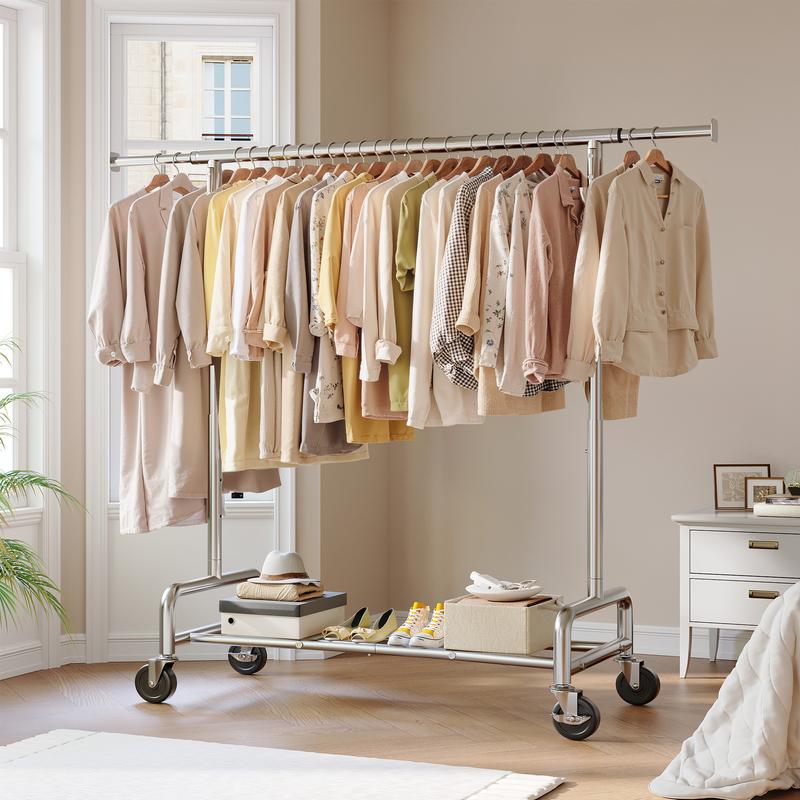 Raybee Furniture Clothes Rack for Hanging Clothing Rack with Hooks, Extendable & Height Adjustable Coat Rack, Heavy Duty Clothes Racks Holds Up to 440LBS, Portable Rolling Garment Rack with Lockable Wheels & 4 Hooks, Chrome【Gift Ideas】
