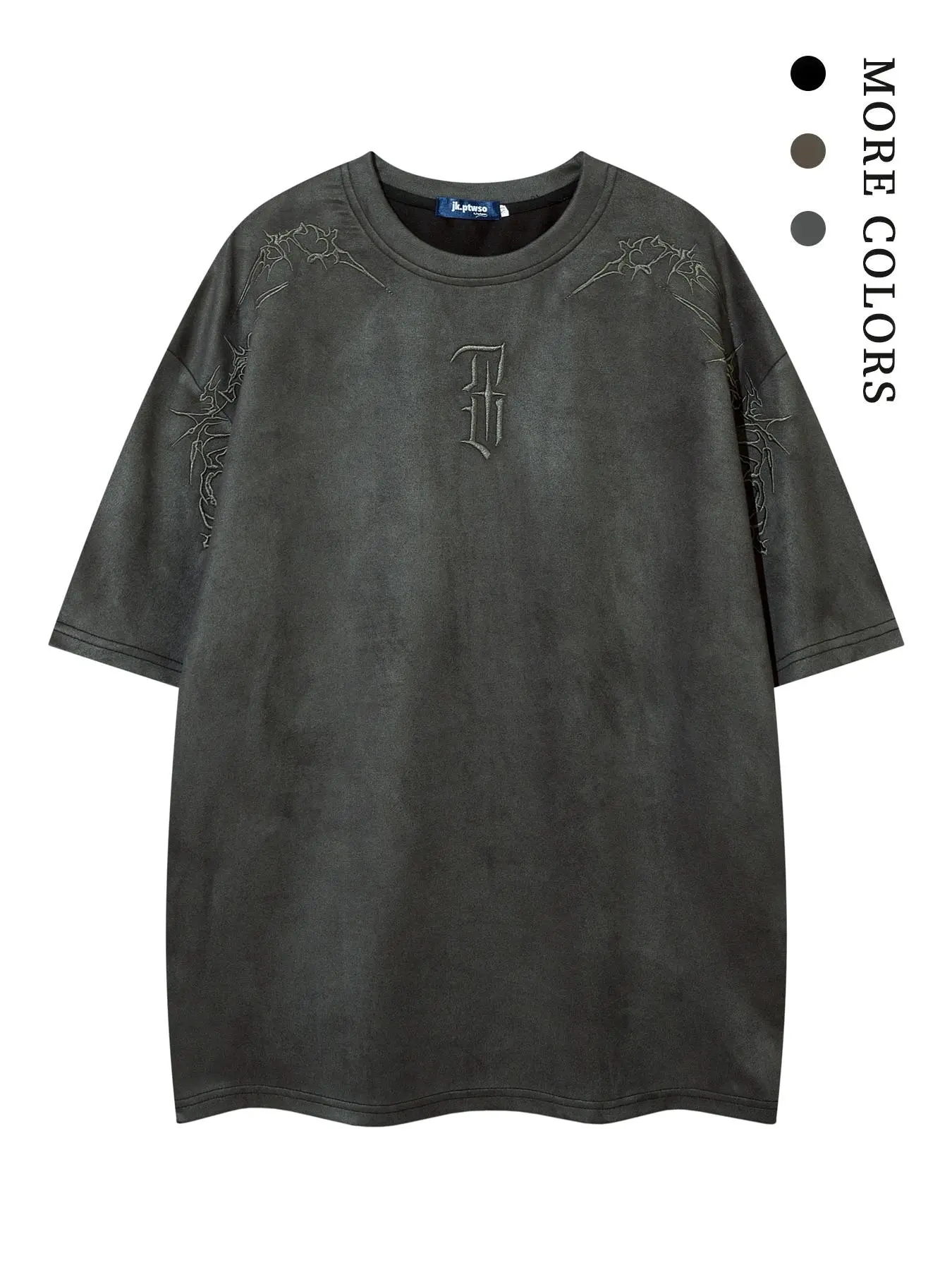 Men's Embroidery Drop Shoulder Suede Tee, Street Fashion Soft Comfy Half Sleeve Round Neck T-Shirt for Summer, Men's Top for Daily Wear, Polyester, Streetwear, Casual