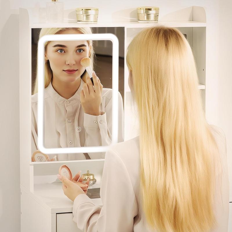 Modern LED Vanity Table, Makeup Desk with HD Large Mirror&Lights 3 Color Modes,Drawers&Shelves, for Girls Bedroom,Perfect Gift for Her – bedroom essential