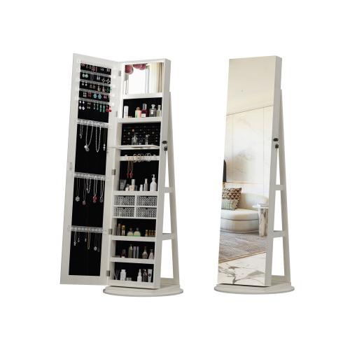 360°Swivel Jewelry Cabinet with Full Length Mirror, 360°Rotating Standing Jewelry Armoire Organizer, Lockable Storage Cabinet, Interior Lighted Mirror,