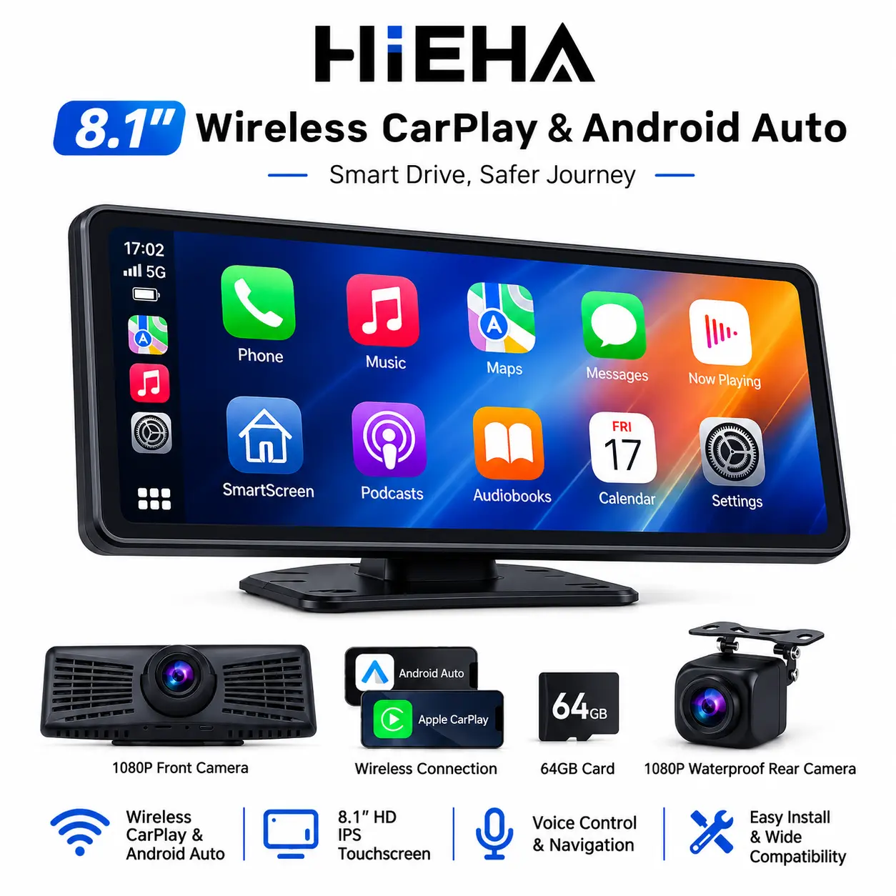 # HIEHA 8.1" Portable Wireless CarPlay Display with 2K Dash Camera and 1080P Rear Camera