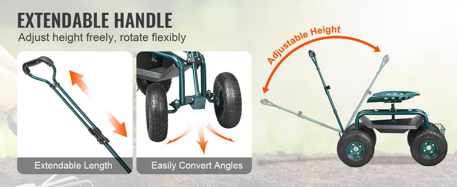 【Summervibes】VEVOR Garden Cart Rolling Workseat with Wheels, Gardening Stool for Planting, 360 Degree Swivel Seat, Wagon Scooter with Steering Handle & Utility Tool Tray, Use for Patio, Yard, and Outdoors