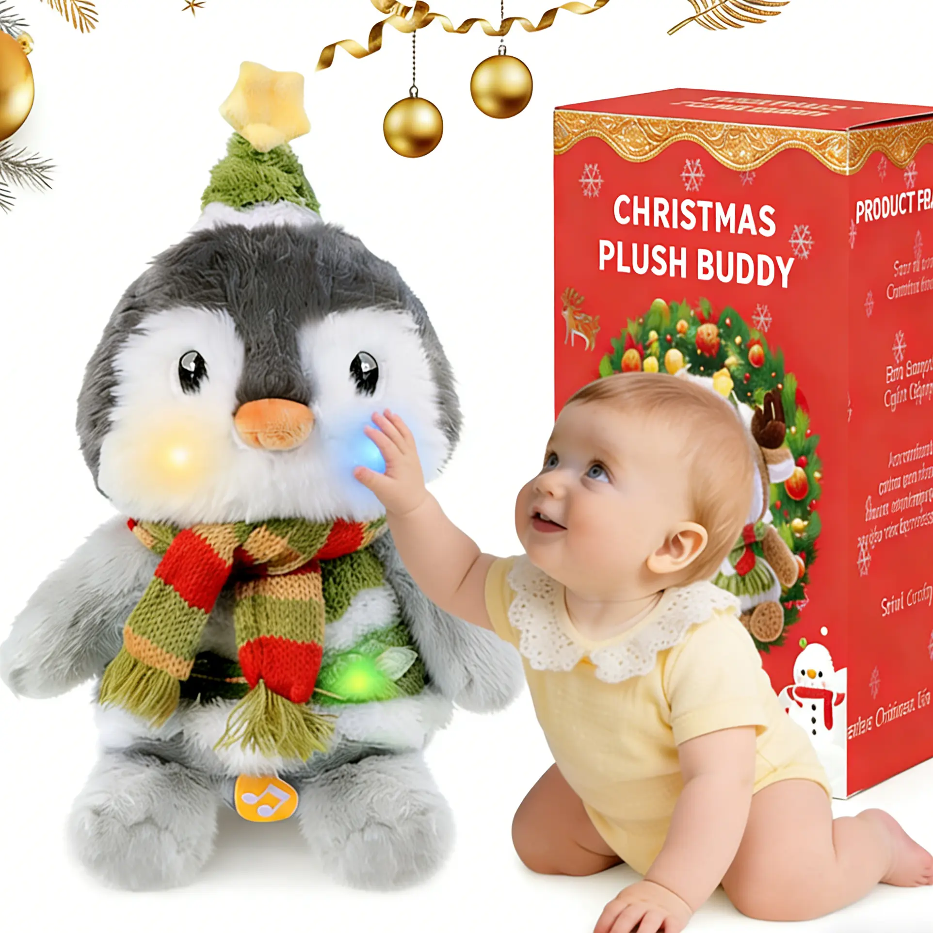 Emoin Christmas Penguin Plush Interactive Toy - Soft Stuffed Animal Merch, Cute Huggable Design, Dancing, Interactive Sing, Singing Function, Repeating, Light-Up, Christmas & New Year/Birthday Gift, Stuffed Animals, Collectible Soft Animal