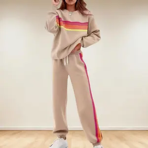 Women's Oversized Rainbow Stripe 2-Piece Cropped Hoodie & Baggy Joggers Set, Lightweight Polyester Cozy Comfort Wear