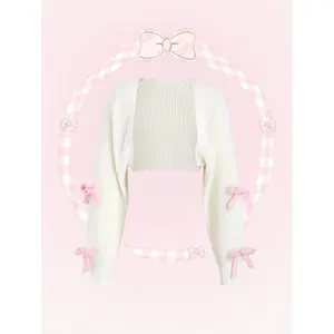 Women's Cute And Kawaii White Long Sleeve Cardigan With Pink Bow-Tie.,Long Sleeve Tops Fall Winter Cloth For Women Fabric Fit