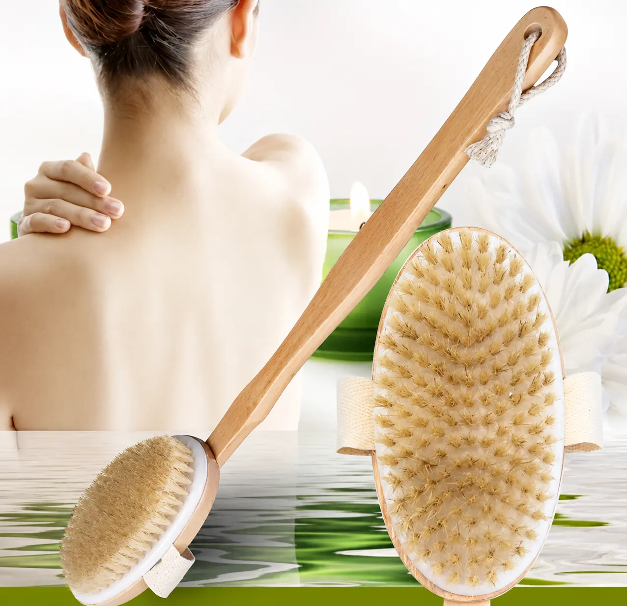 Natural Bristles Dry Brushing Body Bath Brush - Eco-Friendly, Odorless Cleansing Body Scrubber for Dry Brushing Routine, Back Skin Exfoliation, Shower Cleansing