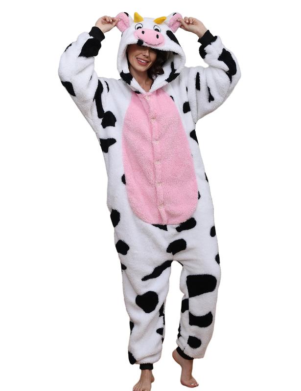 Cozy Cow Onesie for Adults, Plush Fleece Animal Costume Pajamas with Hood for Halloween, Cosplay, and Loungewear