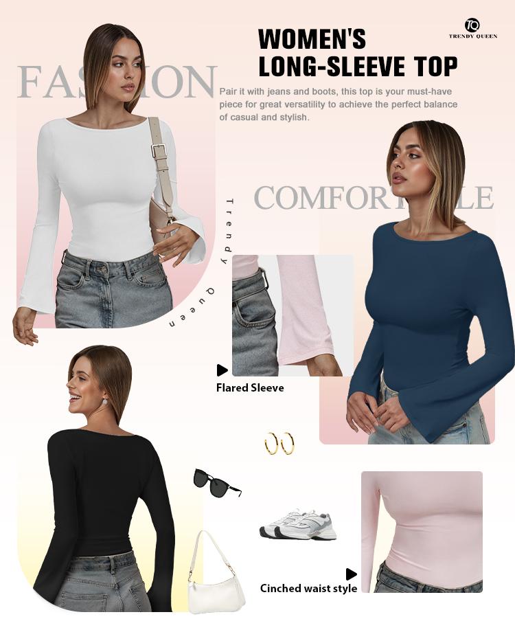 TRENDY QUEEN Women's 3-Piece Long Bell Sleeve Shirts Off-The-Shoulder Neckline Basic Crop Slim Fit Y2K Tops for Fall Fashion & Casual Outings