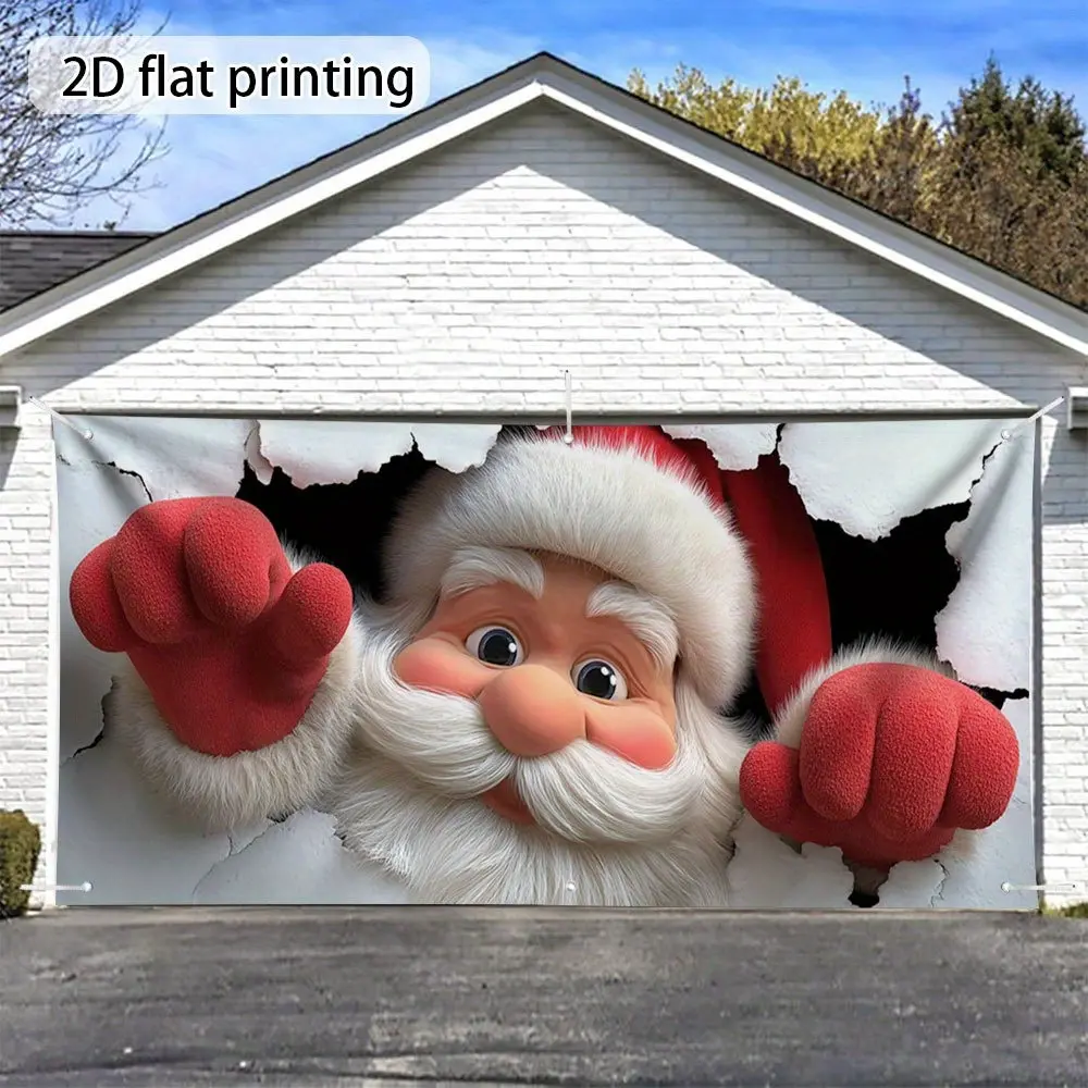 Polyester Santa Claus Backdrop Banner - 2D Printed Geometric Garage Door Paper-Breaking Design, Ideal for Christmas Party Photos, Birthday Party, Outdoor Bonfire Decor (Home & Business Festive Supplies with Ample Coverage)