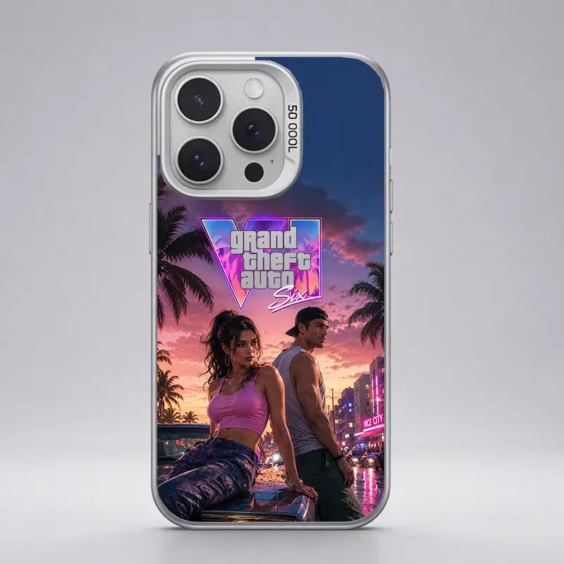 GTA VI Pattern Gradient IMD Smartphone Case - Luxury Shockproof Polycarbonate TPU PET Protection Cover for iPhone 17 16 15 14 13 12 11 X XS Pro Max, Samsung Galaxy S21 S22 S23 S24 S25 S26 FE Ultra Plus (Black, Silver) Shockproof Cellphone Accessory Gift,,