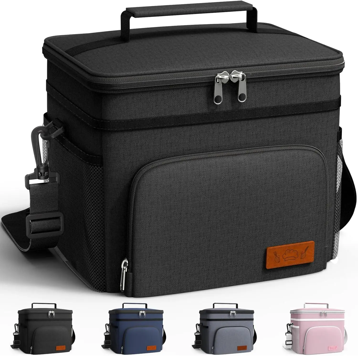 Insulated Lunch Box for Men, Leak-Proof Oxford Cooler Bag with 4 Pockets and Adjustable Shoulder Strap for Work, Camping - Medium Black