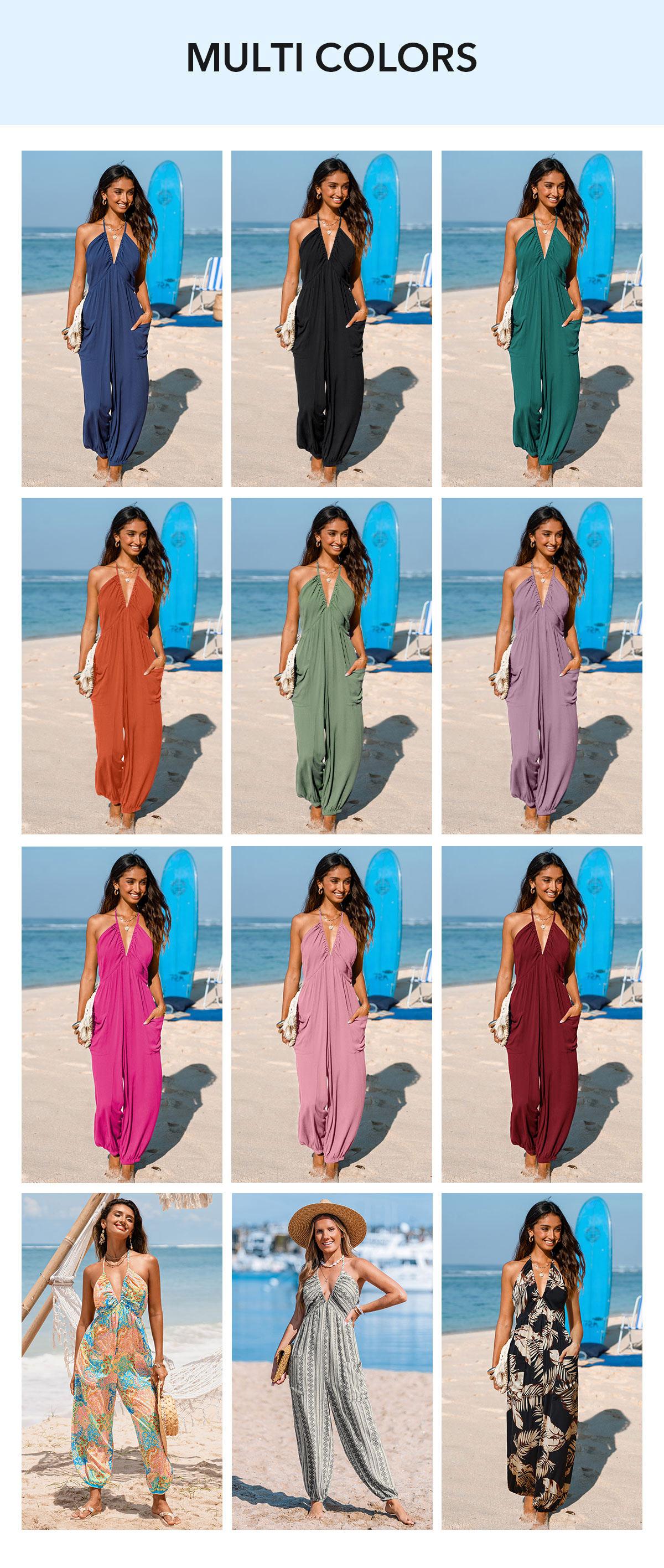 CUPSHE Plunge Halter Wide Leg Jumpsuit with Pockets Sleeveless Overalls– Adjustable Strap Lightweight Tropical Print Resortwear SpringStatements