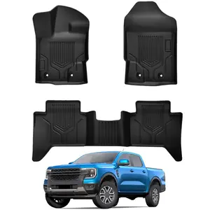 Canvcle Floor Mats for 2019-2023 Ford Ranger Super Crew Cab 3PCS Front & 2nd Seat TPE All Weather Protection Black Liners Custom Fit High Quality TPE Materials Raised Edges Waterproof Easy to Clean Car Interior Accessory