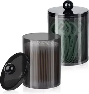 2 Pack Qtip Holder,Canister Apothecary Jar Set, Bathroom Jars for Cotton Swabs, Balls, Pads, Floss Picks, Restroom Bedroom Vanity Organizer(Black)