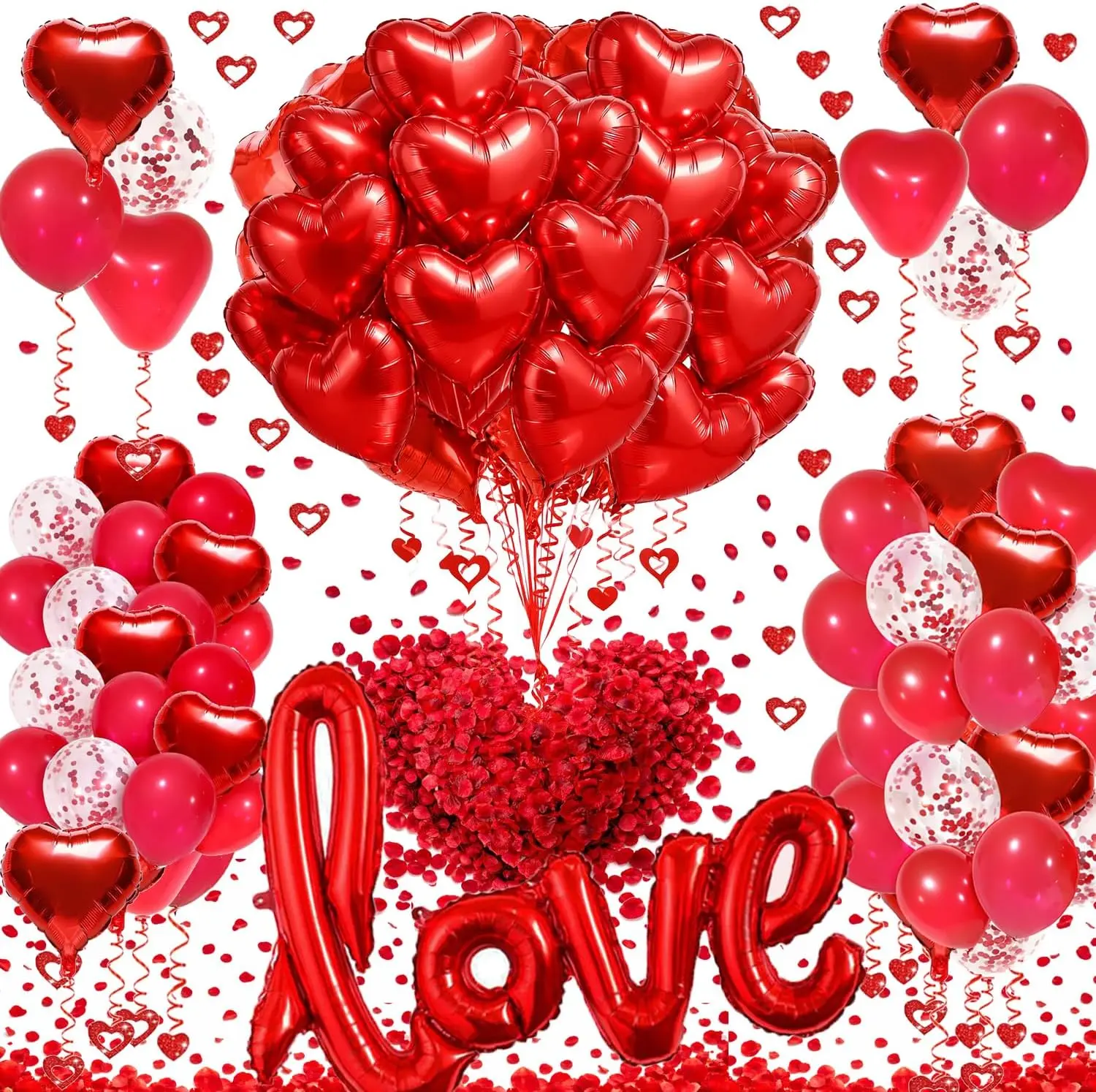 128Pcs Valentines Day Decorations, Red Heart Valentine Balloons, Fake Rose Petals, I Love You Balloon Hanging Decor for Romantic Party Anniversary Surprise Proposals, Wedding Engagement, Rubber, Vibrant