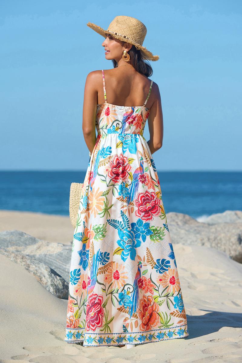 CUPSHE 【Valentine's Day】 Vibrant Oasis Tropical Maxi Dress with Square Neckline Sleeveless Floral Print Back Zip Closure Boho Beach Bohemian Outfit for Women - Yellow birthday outfit