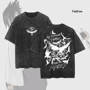 Uchiha Sasuke & Naruto Anime Retro Vintage Oversize Washed T-Shirt Streetwear Aesthetic Graphic Eyes Relaxed Tee Shirt Men Unisex