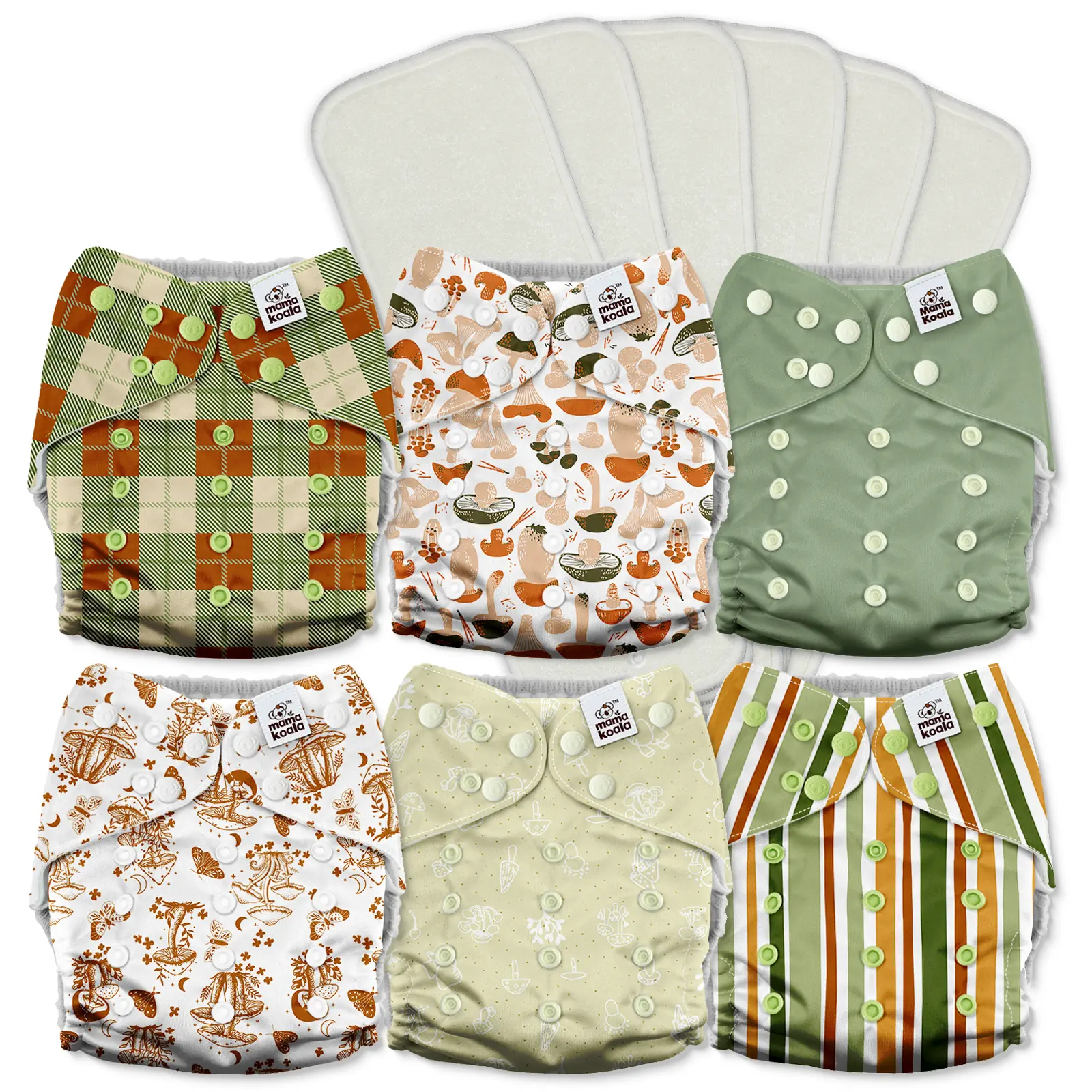 Mama Koala 3.0 1-Size-Fit Anti-Leak Pocket Cloth Diapers for Babies with AWJ Lining, 6-Pack with 6 4-Layer Bamboo Poly Inserts, Printed Panels, Snap Closure - Reusable Washable (3A0017), One-Size-Fit