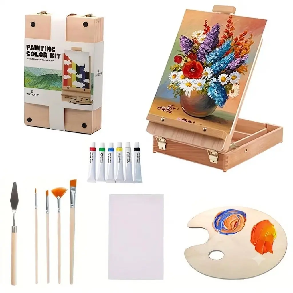 WINSONS Unisex 14-Piece Compact Multipurpose Art Supplies Set - Wooden Tabletop Easel Box with Easel Storage, Acrylic Paints, Canvas, Brushes, Palette for Beginners, Art Practice