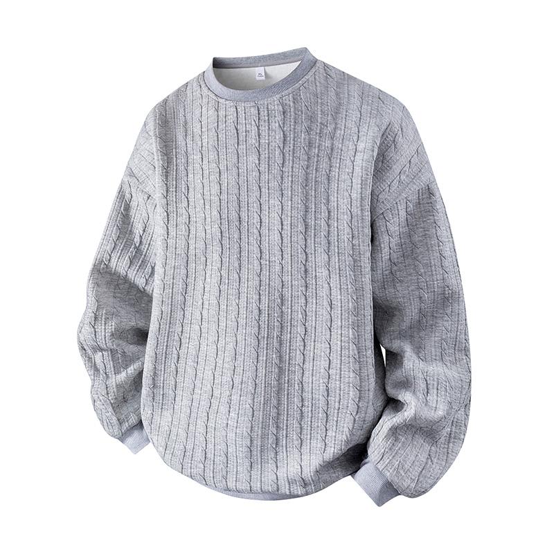 2026 Men's Jacquard Cable Knit Round Neck Sweatshirt, Solid Color Casual Loose Long Sleeve T-Shirt, Made from High-Quality Fabric, Comfortable Base Shirt, Suitable for Home Wear and Everyday Use, Plus Size Sports T-Shirt