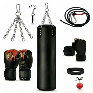 4FT Heavy Punching Bag Set with Flame Gloves Speed Ball PU Leather Home Boxing Workout Kit 7-Piece Professional Set for MMA Boxing Taekwondo Sanda