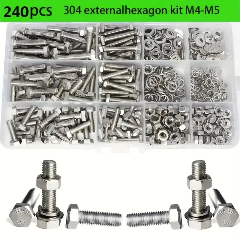 240pcs Premium Stainless Steel Industrial Hex Bolt & Nut Set, Heavy Duty Bolts, stainless steel bolts and nuts kit, Durable Corrosion-Resistant, M4 & M5 Sizes, Full Thread & Washers, Mechanical Applications