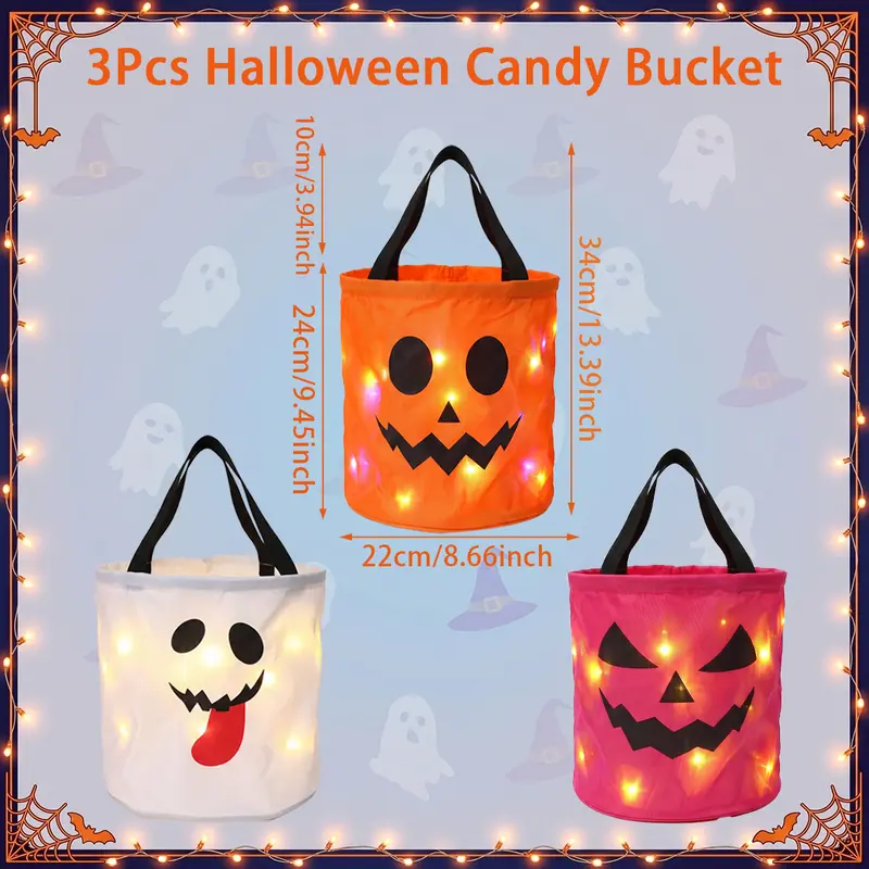3/4 Pcs Halloween Candy Bucket with LED Lights, 13.39x8.66 Inch Trick or Treat Bags Non Woven Gift Bags Pumpkin Candy Bags Reusable Tote Bags for Kids Students Adults, Night Light Bags for Garden Lawn Decorations, Halloween Christmas Party Favor Supplies 3/4 Pcs Halloween Candy Bucket with LED Lights, 13.39x8.66 Inch Trick or Treat Bags Non Woven Gift Bags Pumpkin Candy Bags Reusable Tote Bags for Kids Students Adults, Night Light Bags for Garden Lawn Decorations, Halloween Christmas Party Favor Supplies