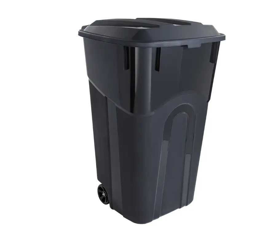 32 Gallon Wheeled Heavy Duty Plastic Garbage Can, Attached Lid, Black