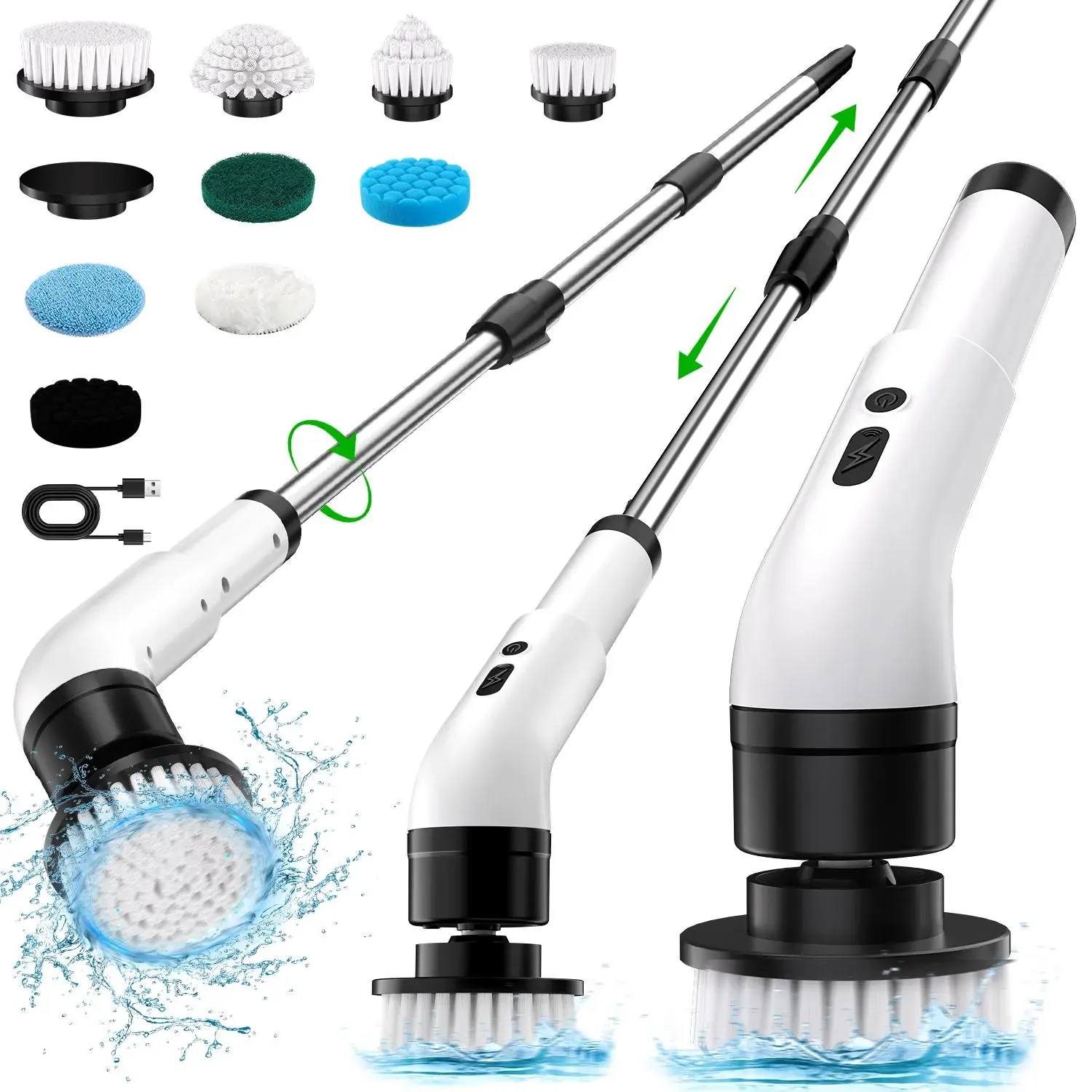 WHATOOK Wireless Rechargeable Electric Spin Scrubber - 9-in-1 Scrubbing Spin Brush, Telescopic Adjustable-Length Handle, Replaceable Heads, USB Cable, Shower Power Scrubber for Cleaning Supplies, Housekeeping Needs (Cordless Kit)