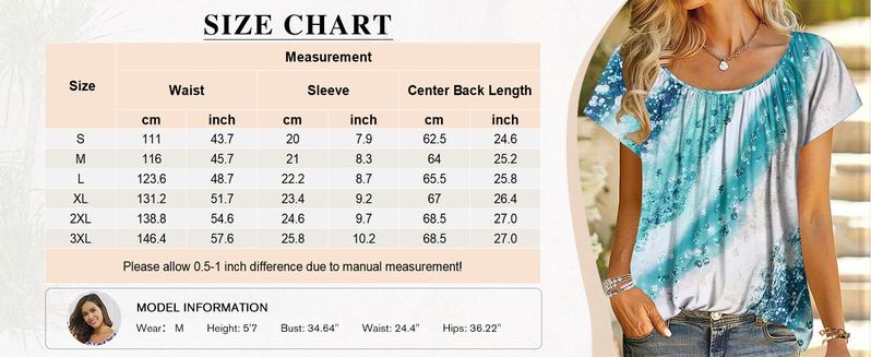 Women's Summer Floral Tunic Tops Short Sleeve Crewneck Casual Loose Pleated Blouse S-XXXL Everyday Boho Style