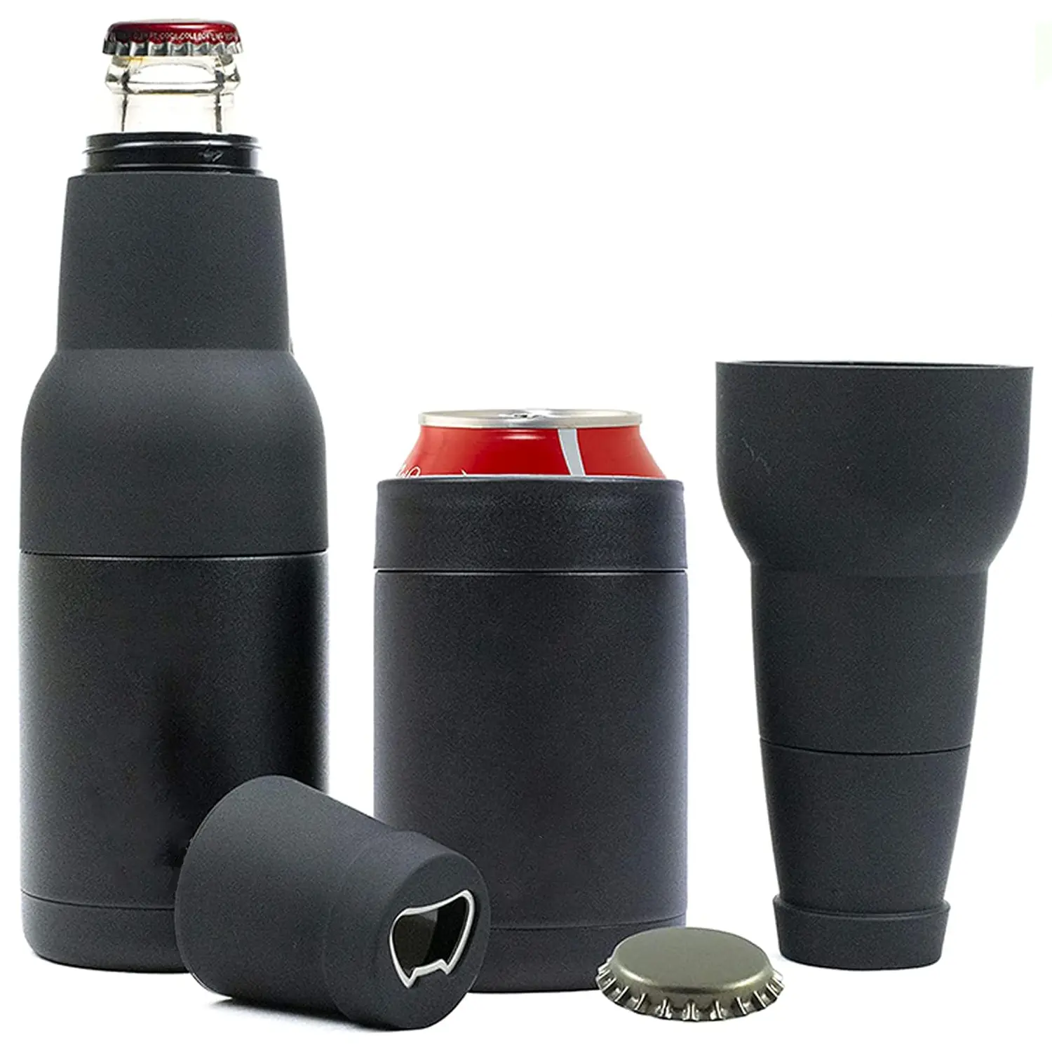 12oz Universal Beer Bottle Cooler Double Walled SS Beer Can Holder 3 in 1 Can Koozie with Beer Opener Vacuum Insulated - fit Fishing, Camping Outdoor Activities and Nice Gift for Men