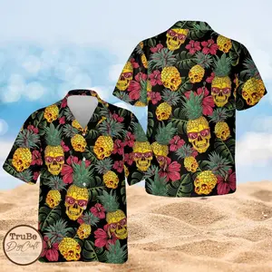 Pineapple Skull Hawaiian Shirt Men Women Tropical Floral Print Beach Shirt Summer Spring Casual Streetwear Festival Loose Fit Cool Breathable Button Up Vacation Travel Funny Skull Shirt